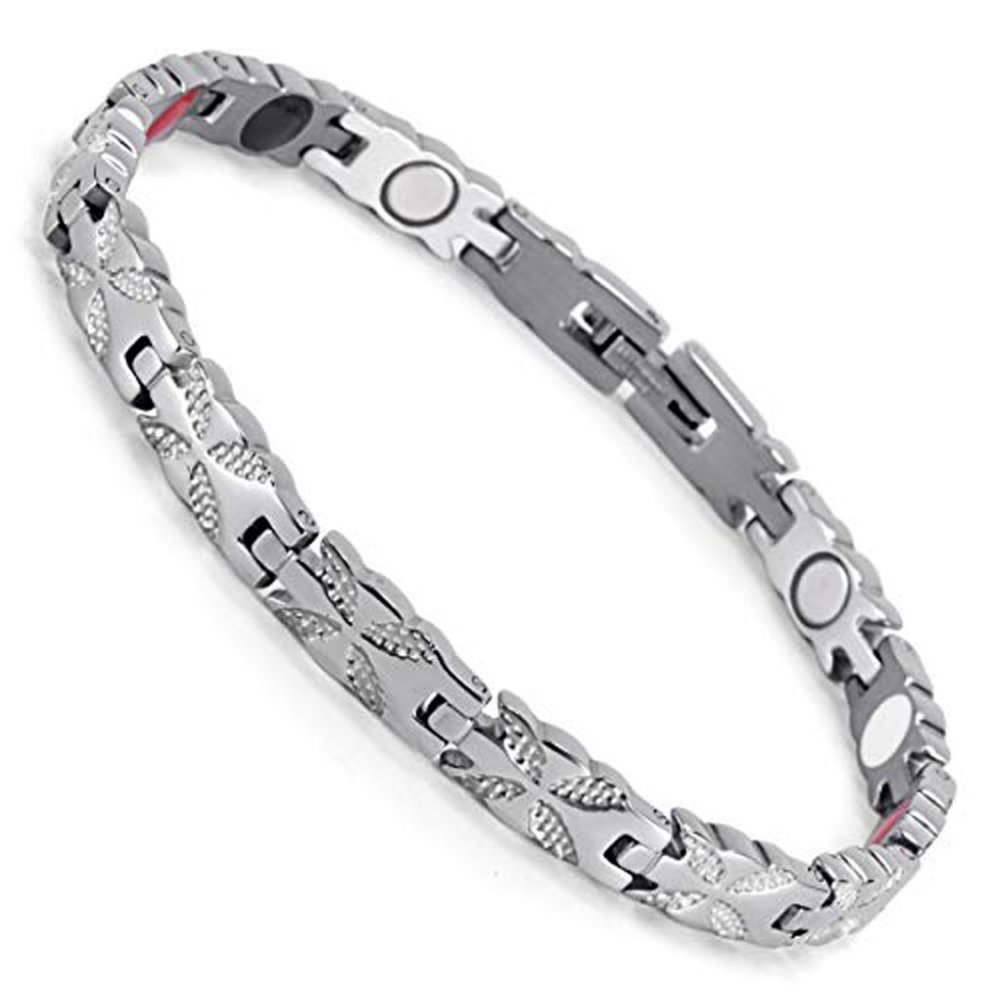 8" inch Magnetic Stainless Steel Bracelet For Women. Silver Tone Flower Design